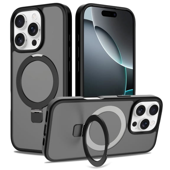 Magnetic Phone Case For iPhone 16 Pro Max,With Invisible Magnetic O-Ring Kickstand,Compatible with Mag-Safe,Skin Feel Ultra Slim Shockproof Anti-Drop Protection Translucent Phone Case,Black