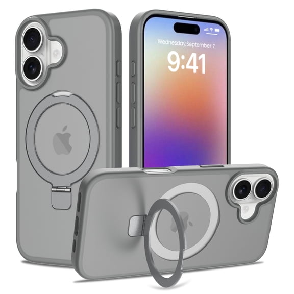 Magnetic Phone Case For iPhone 17,With Invisible Magnetic O-Ring Kickstand,Compatible with Mag-Safe,Skin Feel Ultra Slim Shockproof Anti-Drop Protection Translucent Phone Case,Gray