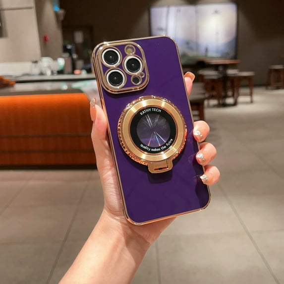 Magnetic Phone Cover for iPhone 12 Plating Diamond Rotatable Stand Soft TPU Plain Thin Fit Solid Color Phone Case for iPhone 12 for Women Girls or Men, Darkpurple