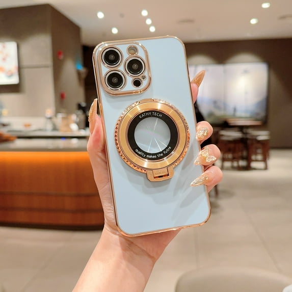 Magnetic Phone Cover for iPhone 12 Pro Ring Holder Stand[Hidden Kickstand] Shock-Absorbent Electroplated Plain Solid Colored Soft TPU for Women or Girls, Blue