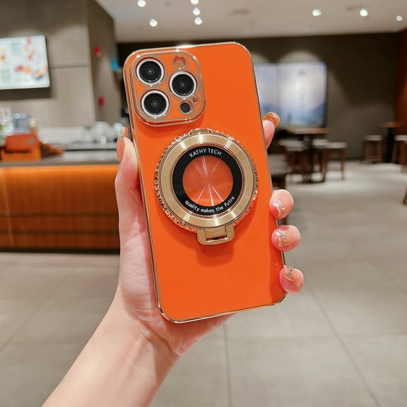 Magnetic Phone Cover for iPhone 14 Pro Max Plating Diamond Rotatable Stand Soft TPU Plain Thin Fit Solid Color Phone Case for iPhone 14 Pro Max for Women Girls or Men, Orange
