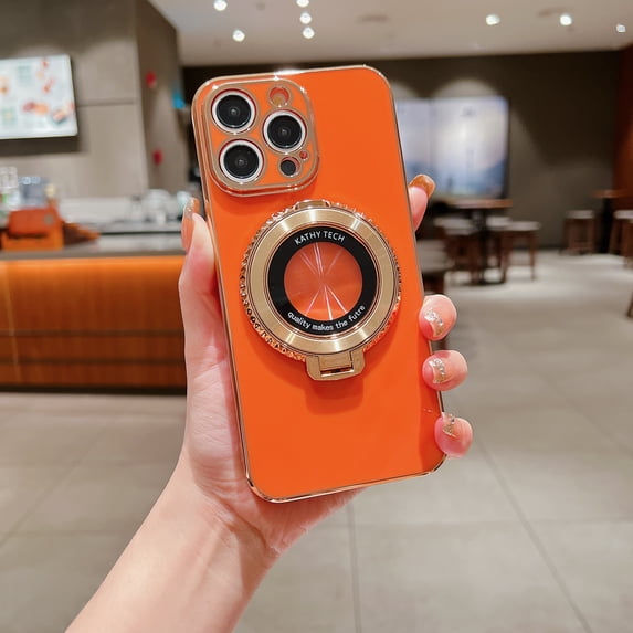 Magnetic Phone Cover for iPhone 7/8/SE 2022 & 2020 Plating Diamond Rotatable Stand Soft TPU Plain Thin Fit Solid Color Phone Case for iPhone 7/8/SE 2022 & 2020 for Women Girls or Men, Orange