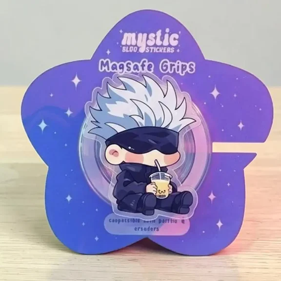 Magnetic Phone Grip Chibi Gojo Satoru Boba Tea, Holder Magsafe Compatible, Cute Anime Aesthetic High-quality Print, Removable Gift for Readers & Otaku.
