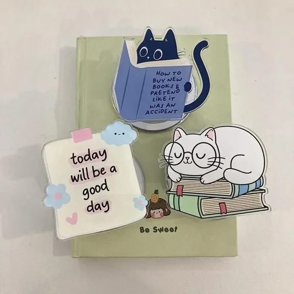 Magnetic Phone Grip Cute Cat Book Lover, Sticky Note Style Grip