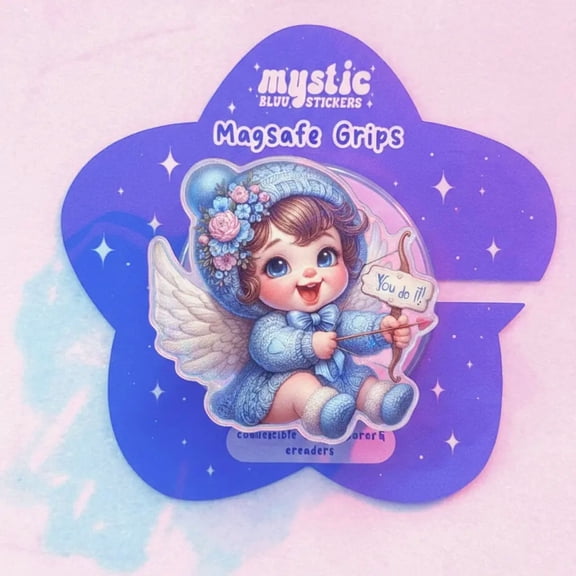 Magnetic Phone Grip Cute Cupid Shooting Arrow - Detachable Blue Knit Phone Grip & Kickstand -