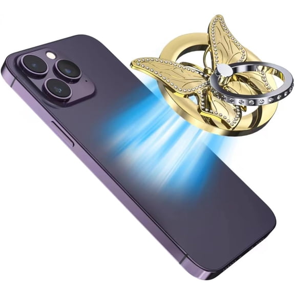 Magnetic Phone Grip for Mag-Safe, Adjustable Finger Ring Grip with 360°Rotation, Removable Butterfly Stand & Bling Diamond, Compatible with iPhone 17/16/15/14/13/12 (Pink)