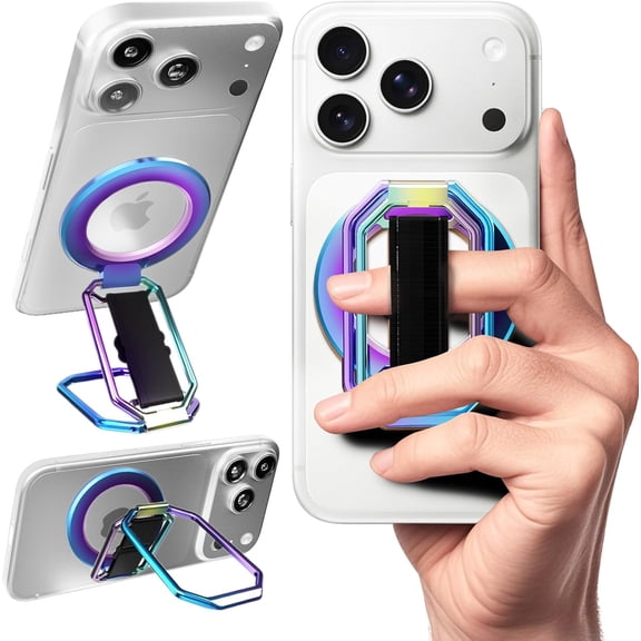 Magnetic Phone Grip & Stand for Desk, Bed & On-the-Go Compatible with MagSafe Secure One-Hand Hold, Comfortable Scrolling, Hands-Free Video Calls (Rainbow)