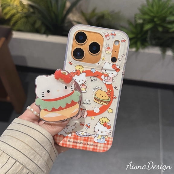 Magnetic Phone Grip cute Burger Design, Kawaii Cooking Theme with Kitty and Friends, Perfect Phone Accessory for iPhone & Android
