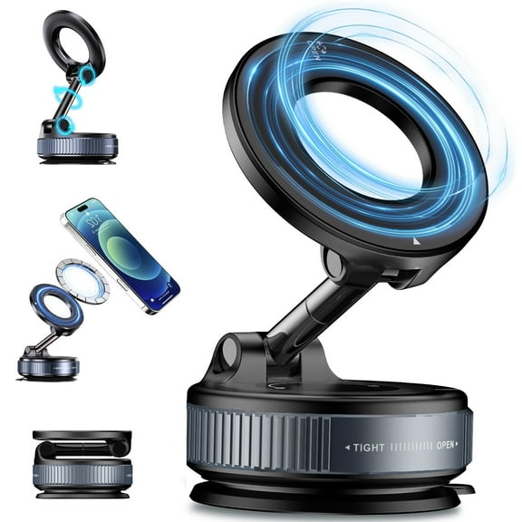 Vacuum Magnetic Car Phone Holder for Mag-Safe, 360° Adjustable Foldable Portable Magnetic Car Phone Mount, Hands-Free Suction Cup Phone Holder Compatible for iPhone&All Smartphones, Black