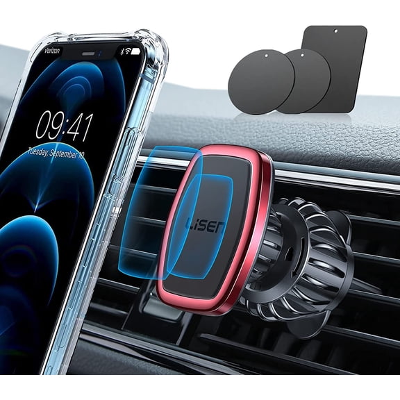 LISEN Magnetic Phone Holder for Car Upgraded Clip Ultra Car Phone Holder 6 Strong Magnets Cell Phone Holder Car Magnetic Case Friendly Phone Car Holder Mount for 4-6.7 inch Smartphones (Red)