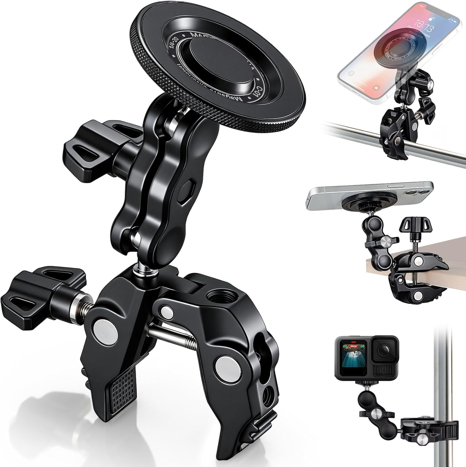 Magnetic Phone Holder for Mic Stand, All-Metal 360° Rotatable Magnet Phone Mount with Clamp, Clip Phones Mount for Microphone & Sheet Music Stands, Compatible with Magsafe & iPhone 17-12
