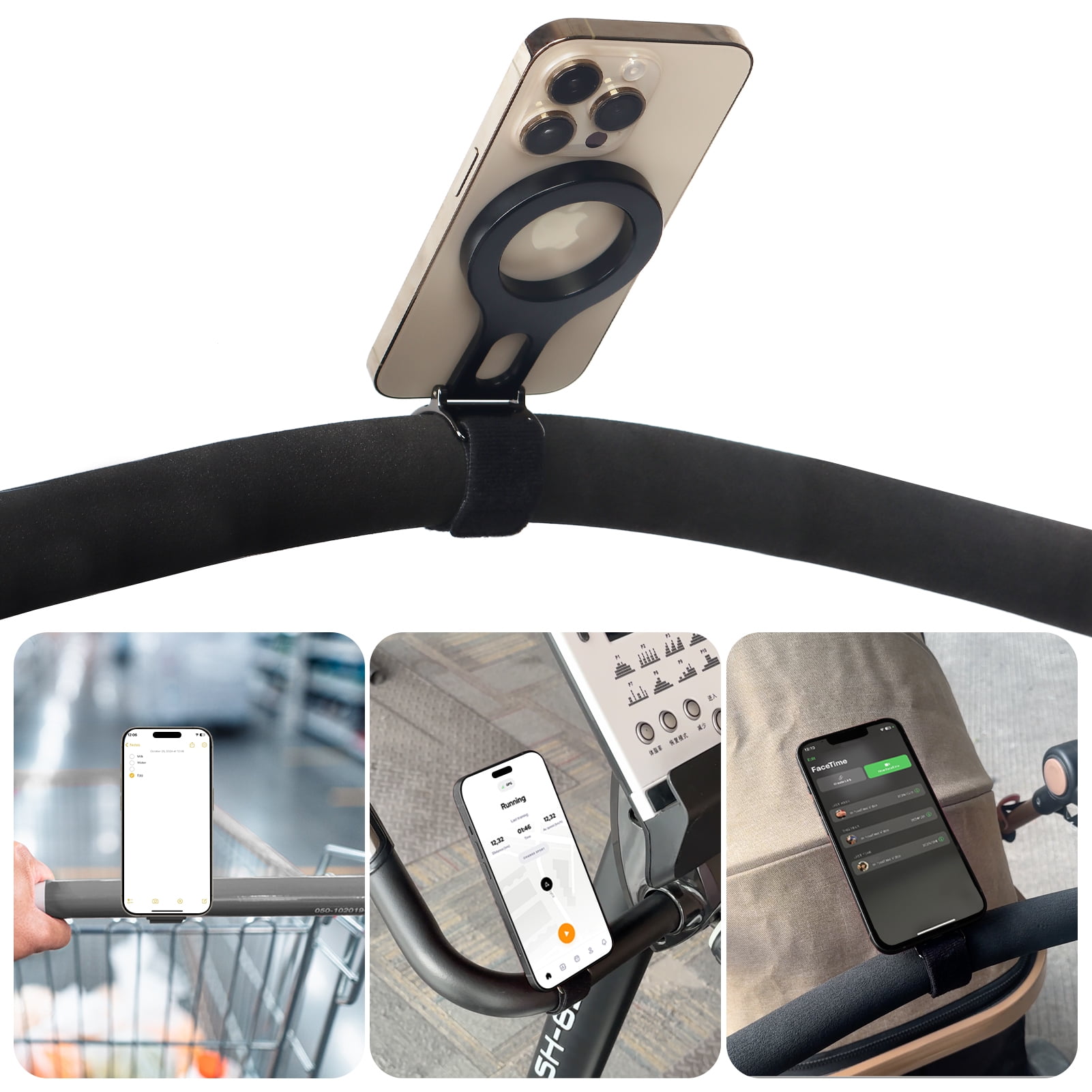 Magnetic Phone Holder for Stroller Bar, Compatible with MagSafe (Strong Magnet) - Phone Holder for Gym, Home Fitness Bikes, Shopping Cart, with Adjustable Strap, All Phone (Magnetic Ring Included)