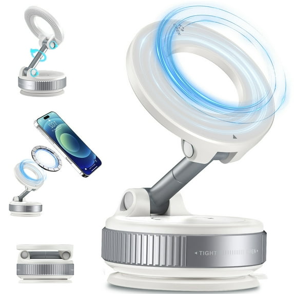 Vacuum Magnetic Car Phone Holder for Mag-Safe, 360° Adjustable Foldable Portable Magnetic Car Phone Mount, Hands-Free Suction Cup Phone Holder Compatible for iPhone&All Smartphones, White
