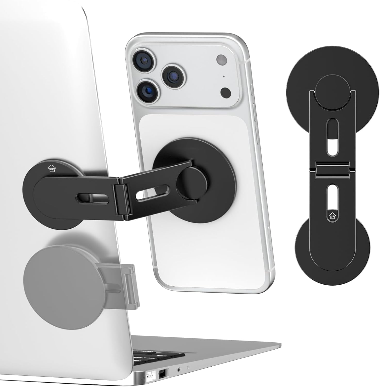 Magnetic Phone Laptop Holder Mount, Foldable Hidden Portable Stand for iPhone 17/16/15/14/13 & All Phone, Clamp for Monitor Side, Compatible with Laptop, Desktop, Tesla Model 3/ Y, Black