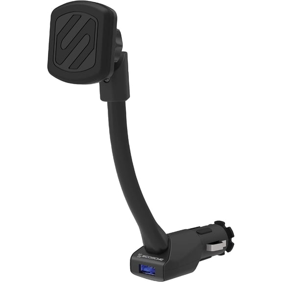 Magnetic Phone Mount for Car, USB Cigarette Lighter Adapter with Phone Holder, 12V Socket Plug-In, Adjustable Arm, Secure Magnet Grip, Built-In USB Charger for iPhone & Android, Not Magsafe