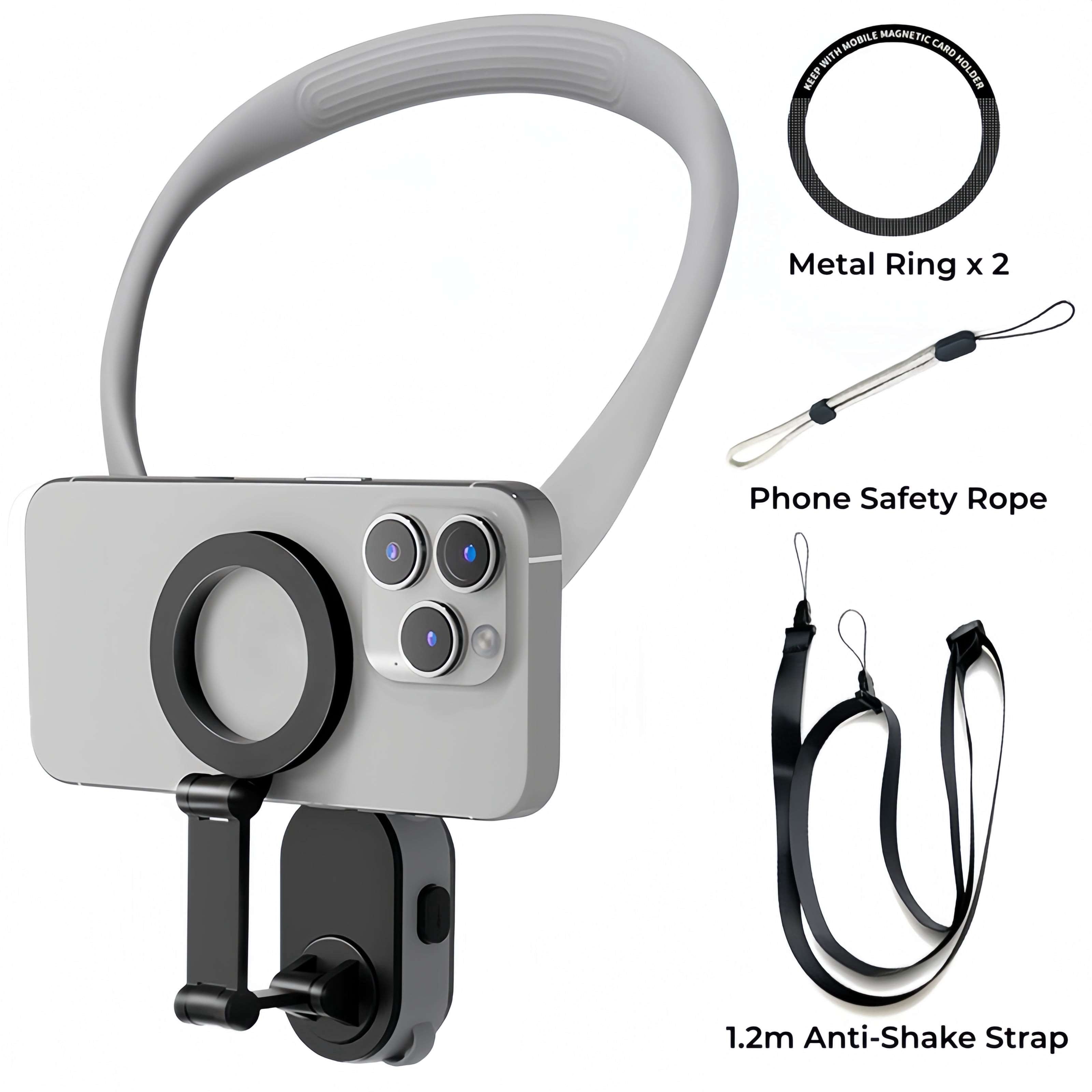 Magnetic Phone Neck Mount Holder for POV Vlogging - Quick Release Hands-Free Video Lanyard for iPhone 15 14 13 12 & Android - Includes Anti-Shake Strap & Safety Rope (MagSafe Compatible Kit)