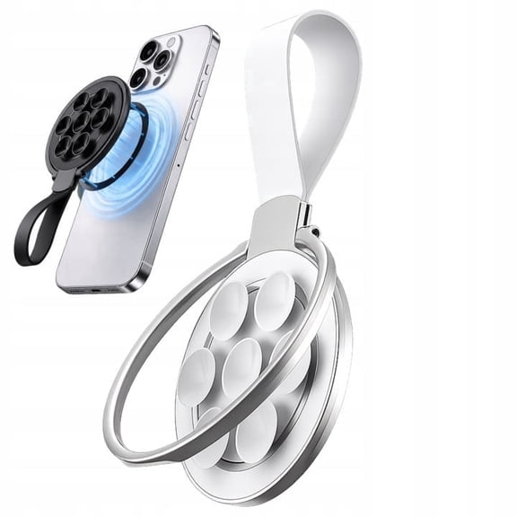 OLIQVO Dual-Sided Magnetic Phone Ring Holder with Silicone Suction Cups, 360° Rotating Foldable Grip Stand, Silver