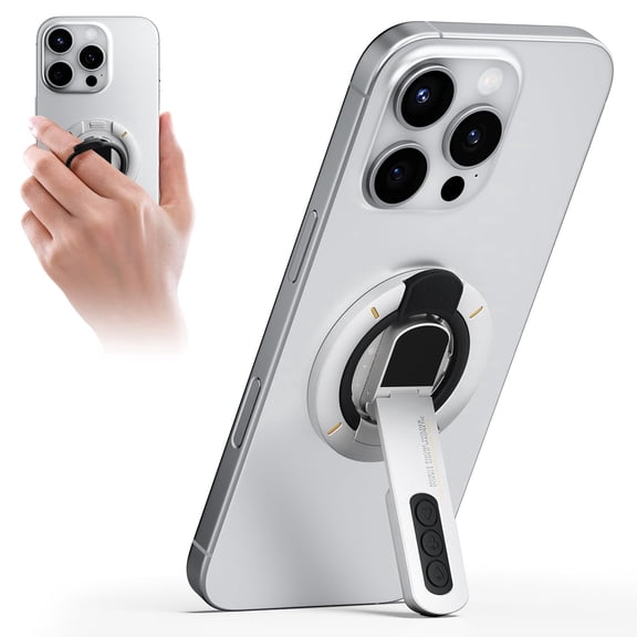 OLIQVO Magnetic Phone Grip Stand with Click Button, 360° Rotating Silicone Ring Holder, Foldable Phone Kickstand for MagSafe & Android Smartphones, White