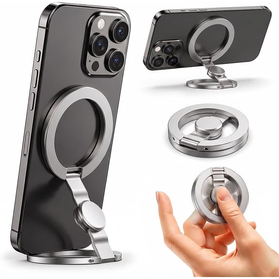 Magnetic Phone Stand & Spinner Combo, 360° Rotating Dual Ring Grip, Foldable Stand for Magnetic Smartphones, Desk Car Mount Fidget Toy for Adults,Sliver