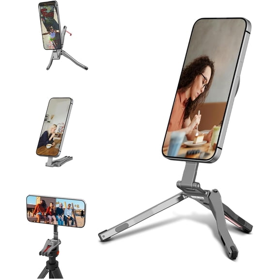 Magnetic Phone Tripod for MagSafe, Aluminium Grip Stand Foldable Portable Mini Desk Travel Phone Holder Adapter with 1/4" Screw & Hook for iPhone 17 16 15 14 13 12 Pro Max Mini Accessories