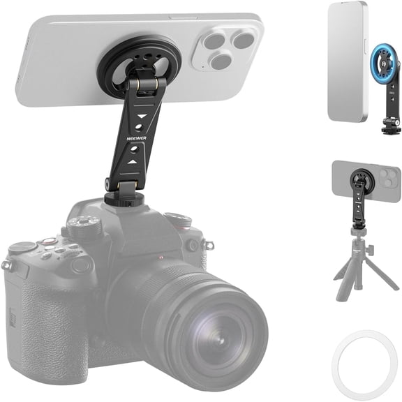 Magnetic Phone Tripod Mount Compatible with MagSafe iPhone Samsung, Metal Adjustable Rotatable Cellphone Holder Adapter w/Cold Shoe for Tripod Mounting Camera Monitoring Video Recording, DS031