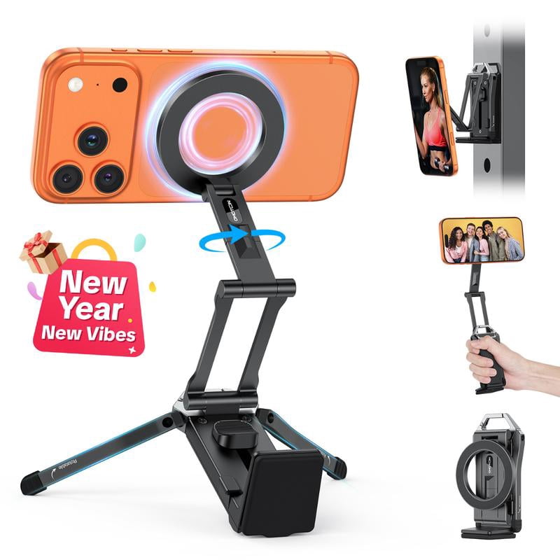 Magnetic Phone Tripod Stand - Foldable Travel Mount with 360 Rotating Shaft Adjustable Ring Grip Selfie Stick Clamping Mount & Hook for Desk Airplane Luggage Outdoor Use Smartphone Cellphone