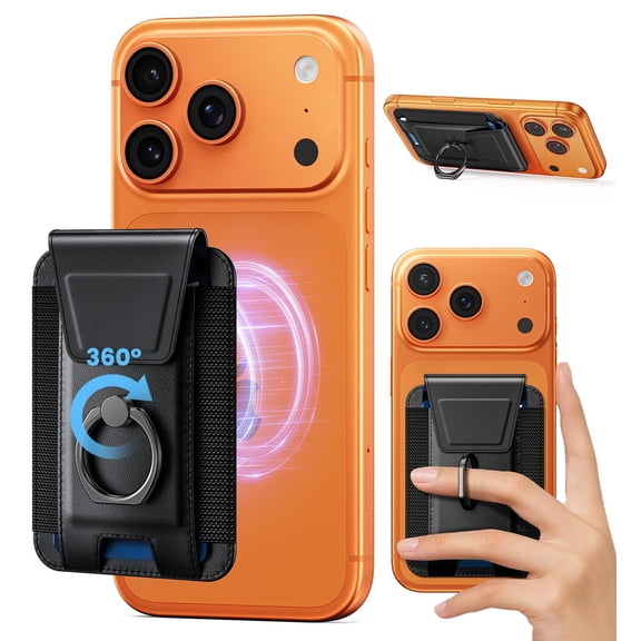 Magnetic Phone Wallet with 360° Rotatable Ring Stand, Slim PU Leather Card Holder Compatible with iPhone 17/16/15/14/13/12 Series