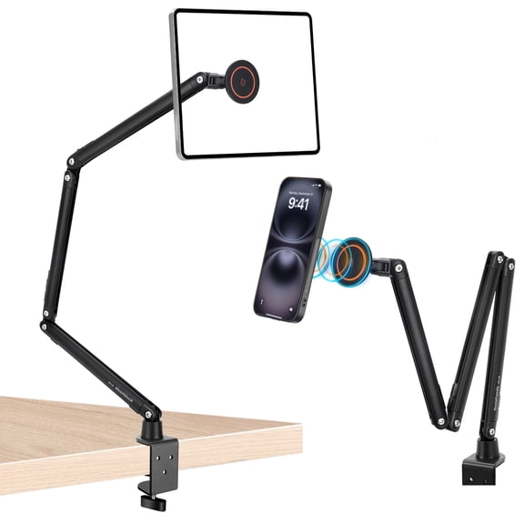 Magnetic Phone iPad Holder for Desk, 360 Adjustable Arm Mount for Bed N52 Strong Magnet Foldable Aluminum Alloy Arm with Magnetic Rings for Tablet and Phone Case, Compatible with MagSafe
