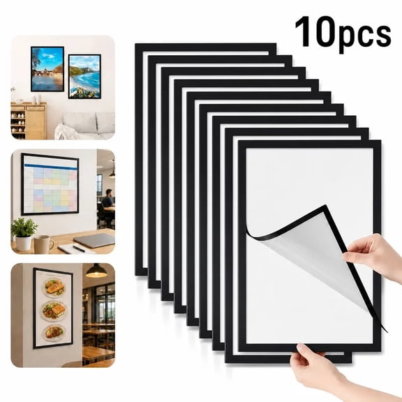 Magnetic Photo Frame 10 Pack, Self Adhesive A4 Wall Display for Artwork and Posters, No Drill Reusable Picture Holder (Night Black)