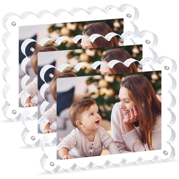 Magnetic Photo Frame 68Inch -3Pack Acrylic Scalloped Glass Frames, 12+12mm Thick Double-Sided Design, Clear Picture Frame with Thick Block | y Home Gift Set Stylish Acrylic Frames