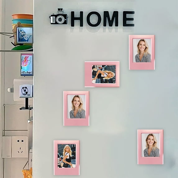 Magnetic Photo Frame, No Drill Adhesive Fridge Picture Frame for Instant Photos, Portable Tabletop Stand and Wall Mount Display, Clear Protective Lens