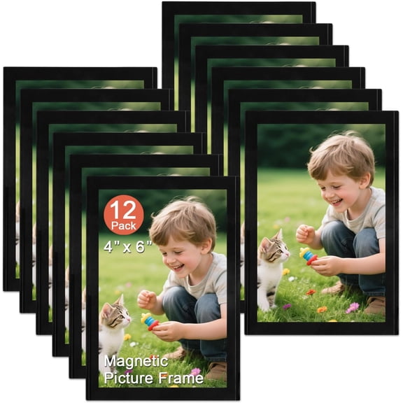 Magnetic Picture Frame, 12 Pack, Holds 4x6 Inches Photos, Black Border Magnetic Photo Pocket for Refrigerator, Locker, Office Cabinet. (BLACK, 4"X6" 12PCS)