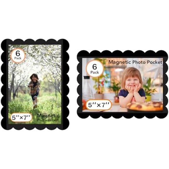 Magnetic Picture Frame, 6 Pack Magnetic Frame Reusable, Magnetic Photo Frames for Refrigerator 5x7” With Wavy Border, Refrigerator Magnets for Pictures Suitable Home, School, Office (5x7-Black)