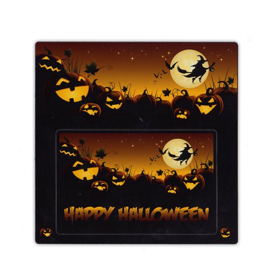 Magnetic Picture Frame - Happy Halloween (Bats, Pumpkins, Witch) - Refrigerator Magnet - 7.25" x 7.25" (5.5" x 3.5" Opening For Picture)