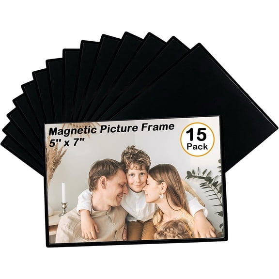 Magnetic Picture Frame, Holds 5X7 Inches Pictures, Reusable Black Magnet Fridge Photo Sleeves for Refrigerator, Locker,Office Cabinet (Black, 15)