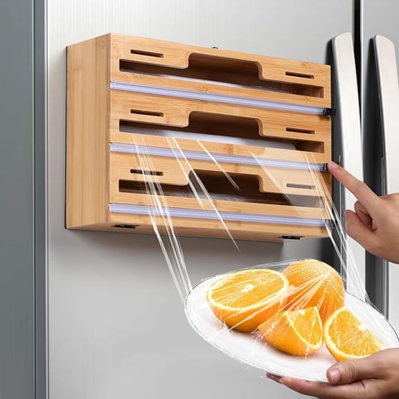 Magnetic Plastic Wrap Dispenser with Cutter, 3 in 1 Refrigerator Bamboo Wood Organizer for Tin Foil, Baking Paper, Wax Paper Holder Kitchen Storage Box Compatible with 12.9" Roll (3 Layer)