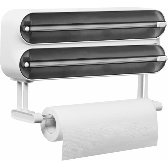 Magnetic Plastic Wrap Dispenser with Cutter - Refillable Tin Foil and Plastic Wrap Organizer for Kitchen, Aluminum Foil Dispenser with Paper Towel Holder Wall Mount - Fits 12" Roll, White