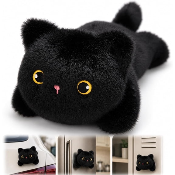 Magnetic Plush Cat Car Decor – Soft Animal Car Plush Toy for Trucks SUVs, Fridge, Home & Kitchen, Cute Sticker-Style Plush Toy with Strong Magnetic Back (Black cat)
