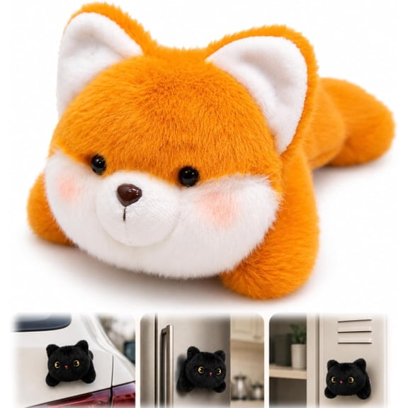 Magnetic Plush Cat Car Decor – Soft Animal Car Plush Toy for Trucks SUVs, Fridge, Home & Kitchen, Cute Sticker-Style Plush Toy with Strong Magnetic Back (Fox)