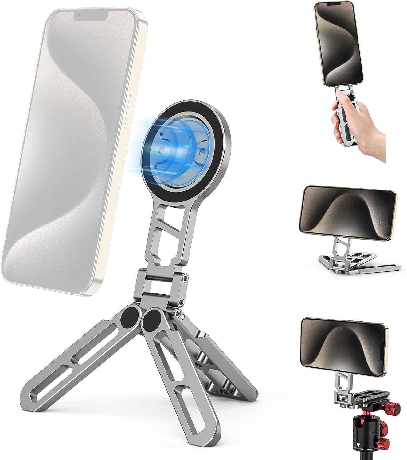 Magnetic Pocket Phone Tripod Foldable Compatible with Magsafe for iPhone 16/15/14/13/12 Plus Pro Max Series, Upgrade Mini Cell Phone Tripod Mount Handle Smartphone Desk Stand Travel All in One