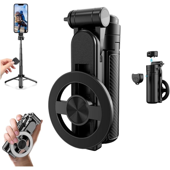 Magnetic Pocket Selfie Stick, 4-in-1 Magnetic Selfie Stick for iPhone with Rechargeable Remote, Portable Extendable Tripod Stand for Home, Travel, Vlogging & Video Recording (Black)