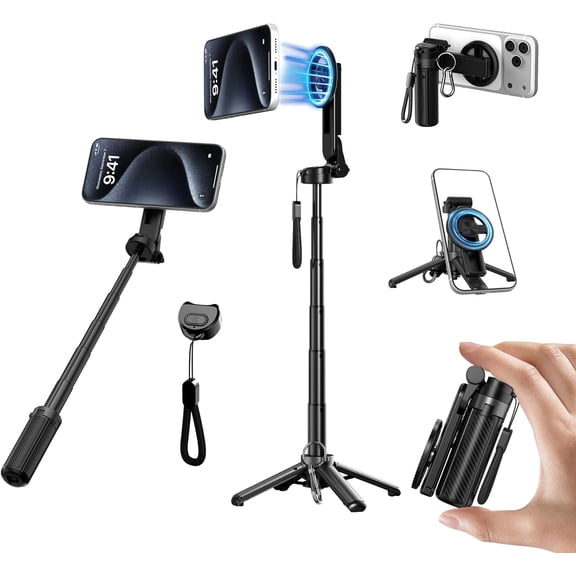 Magnetic Pocket Selfie Stick for iPhone, Lightweight Mini Selfie Stick Tripod with Detachable Remote, MagSafe Compatible, Foldable Extendable Phone Holder for Travel/Vlog/Video/Content Creators