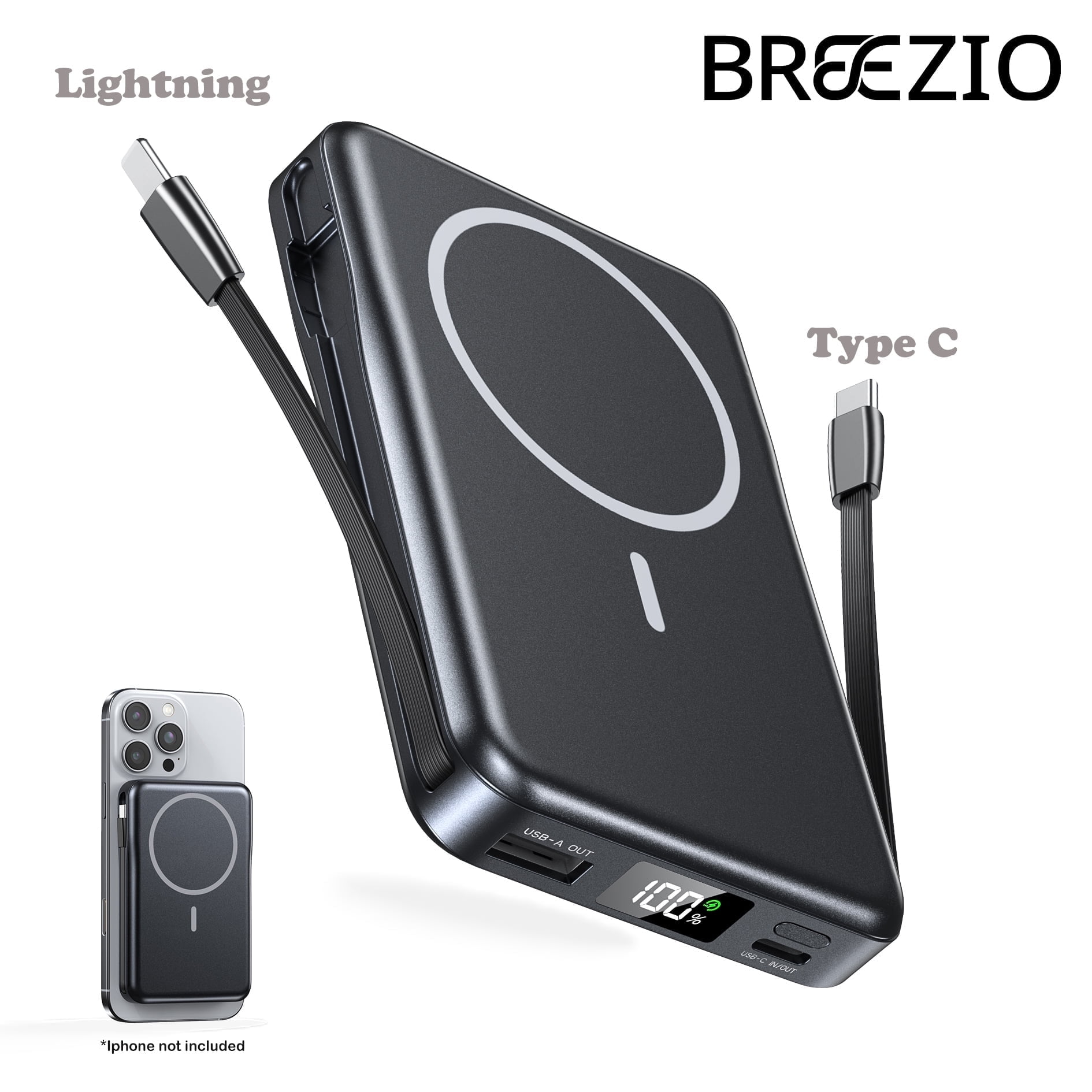 Magnetic Portable Charger, 10000mAh Power Bank, 5 in 1 Portable Charger with Built in Cable, 20W Fast Charging for Magsafe Battery Pack Compatible with iPhone 16/15/14/13 Pro/Pro Max, Samsung Series