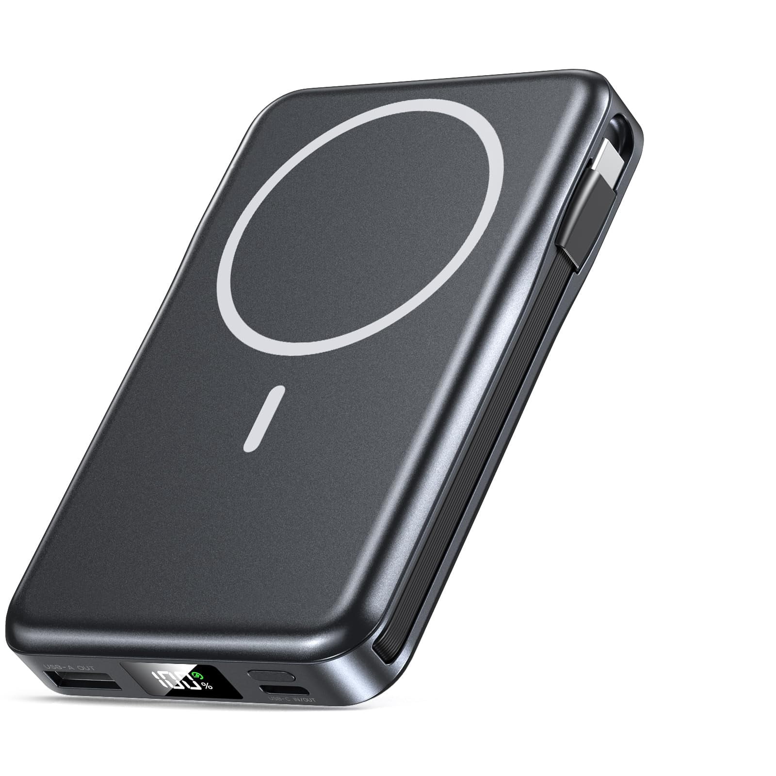 Magnetic Portable Charger, 10000mAh Power Bank, 5 in 1 Portable Charger with Built in Cable, 20W Fast Charging for Magsafe Battery Pack Compatible with iPhone 17/16/15/14/13/12 Pro/Pro Max-Black