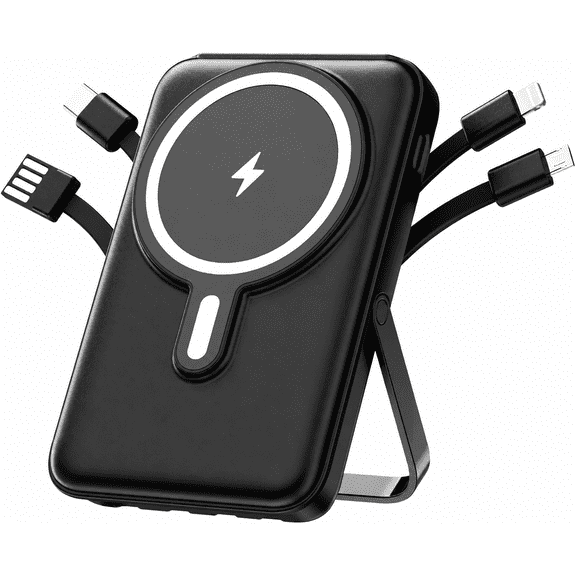 Magnetic Portable Charger,20000mAh Power Bank 22.5W PD Fast Charging with LED Display,Battery Pack with Built-in Cables and Stand Compatible with iPhone 17/16/15/14/13/Pro/Pro Max,Black