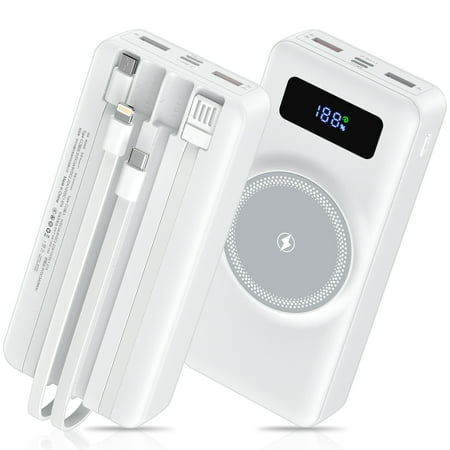 Magnetic Portable Charger Power Banks for iPhone Cell Phones with Built in Cables,HopePow 20000mAh LED Power Display Charging Banks Compatible with iPhone 16 Plus/Pro Max/15//14 Series,Android,White