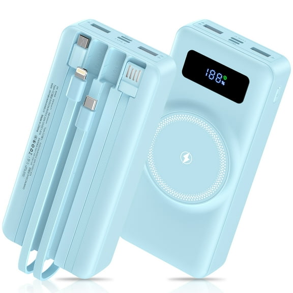 Magnetic Portable Charger Power Banks for iPhone Cell Phones with Built in Cables,HopePow 20000mAh LED Power Display Charging Banks Compatible with iPhone 16 Plus/Pro Max/15//14 Series,Android,Blue