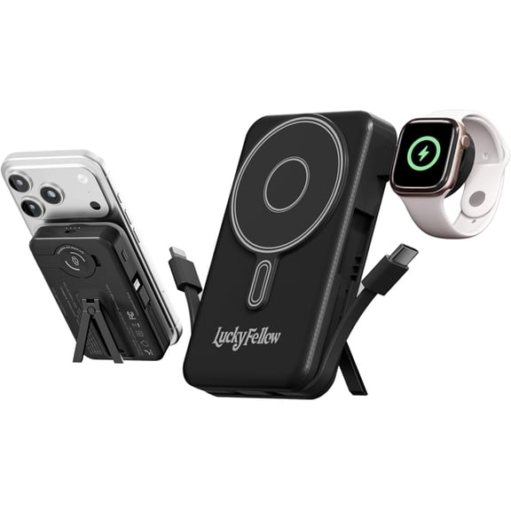 Magnetic Portable Charr Built-in Cables,10000mAh Fast Charging Wireless Station External Battery Pack Slim Pocket Size Power Bank with Stand Compatible iWatch, iPhone and Android Phones