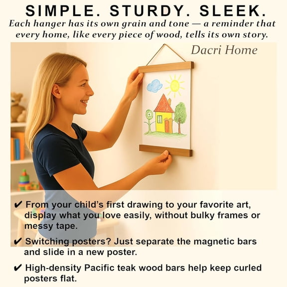 " Magnetic Poster Hanger Frame - Sturdy Teak Wood Poster Frame, Strong Magnets for Easy Hanging Map Picture Canvas Print Scroll Wall Art ( Inch, Natural Wood)