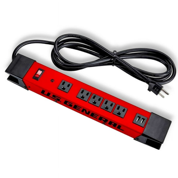 Magnetic Power Strip 5 Outlet Heavy Duty Metal Housing with 2 USB Ports U.S. General_Red